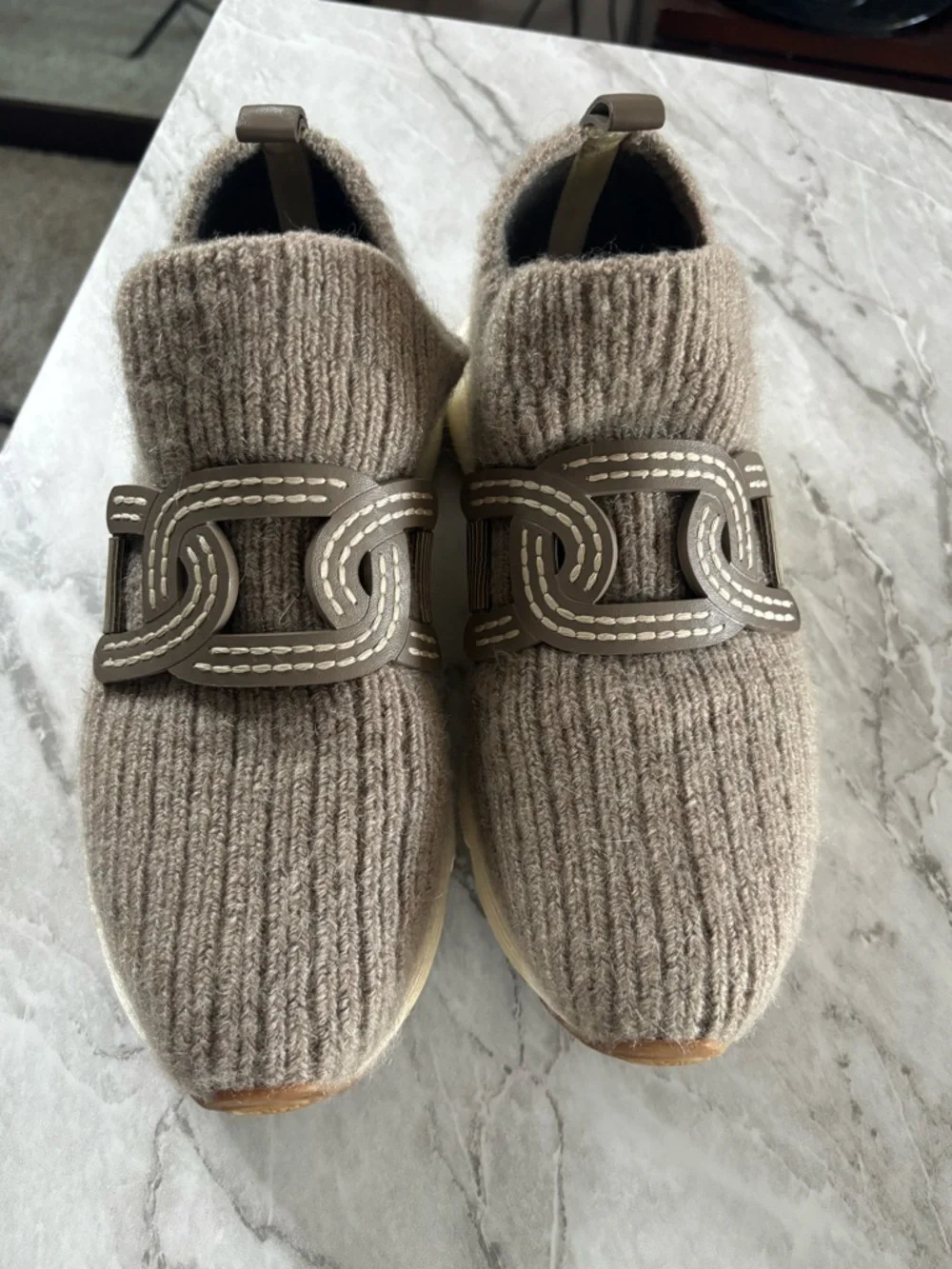 EUC TOD’s Kate Slip-On Knit Sneakers with Leather Detail in Taupe size 38